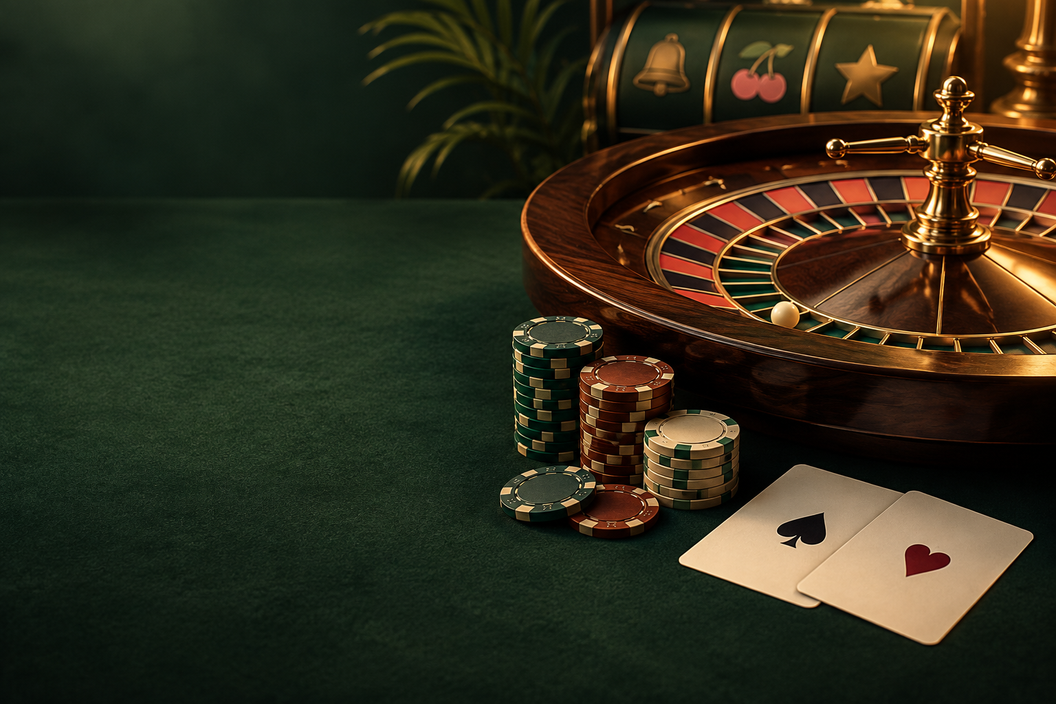 Ilustrasi meja kasino dengan roda roulette, kartu, keping, dan cahaya tembaga